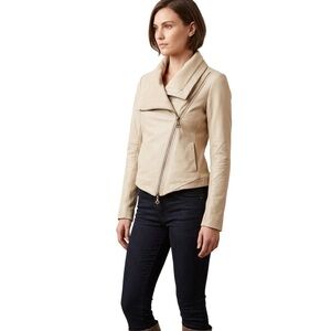 Doma Leather Ecru Motorcycle Style Jacket Funnel Collar Zip Up Napa Lambskin S